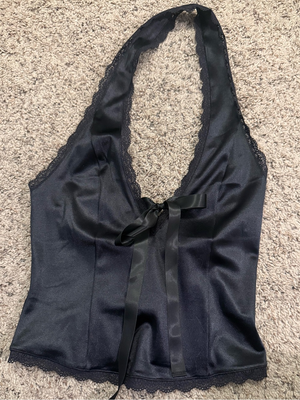 Kimchi Blue Black Satin Halter Top with Bow Detail